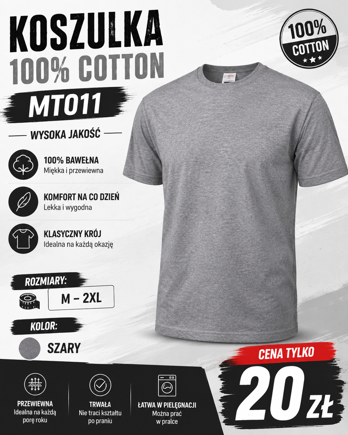 Koszulka Męska Szara MT011 100% Cotton