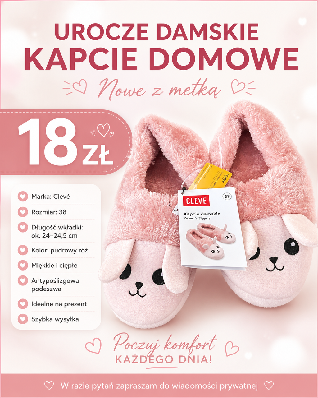 Kapcie damskie domowe Clevé pudrowy róż rozmiar 38