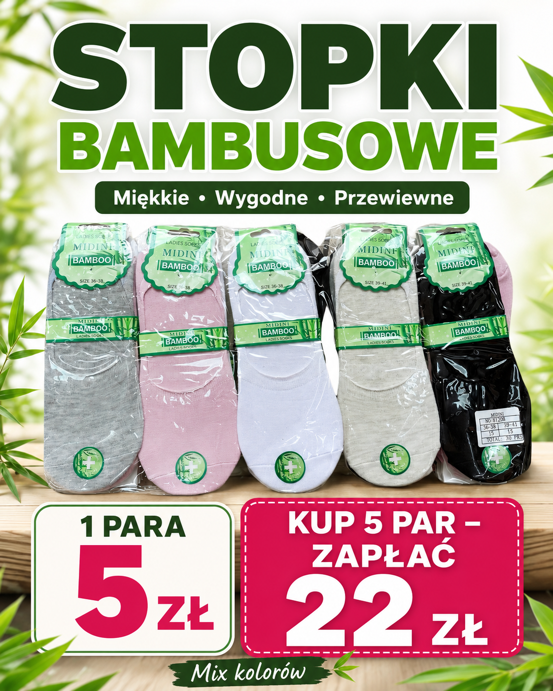 Stopki bambusowe mix kolorów rozmiary 36-41