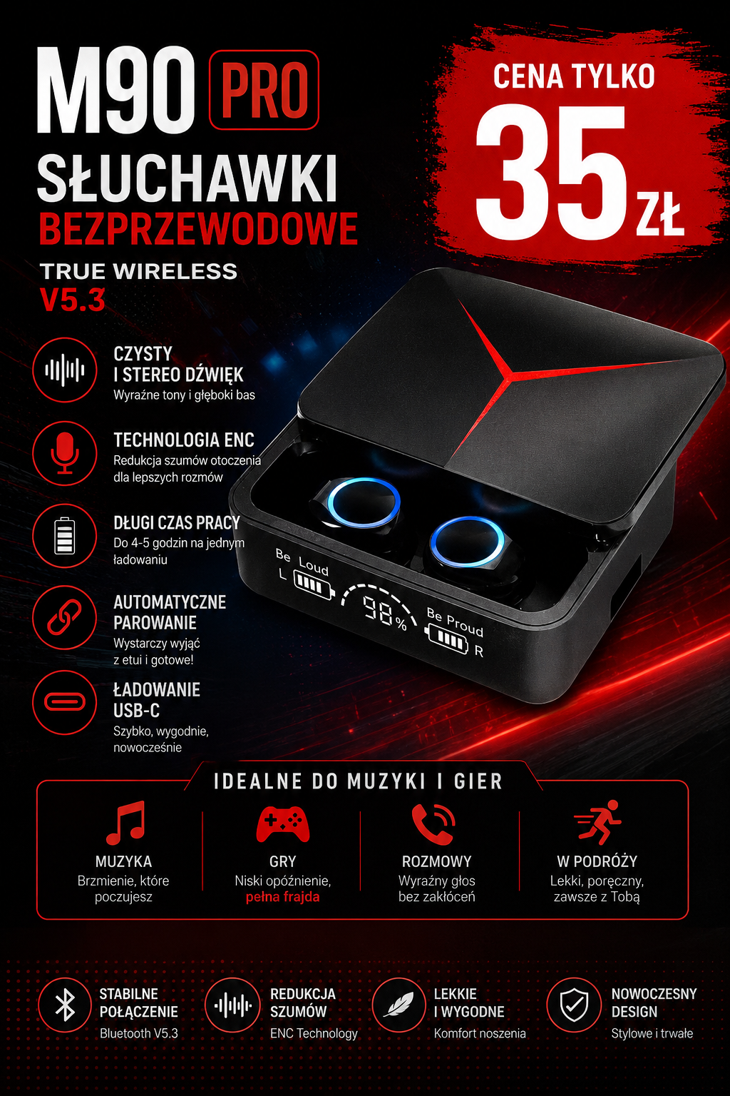 M90 Pro Słuchawki Bezprzewodowe TWS Bluetooth 5.3 – czarne etui z wyświetlaczem baterii