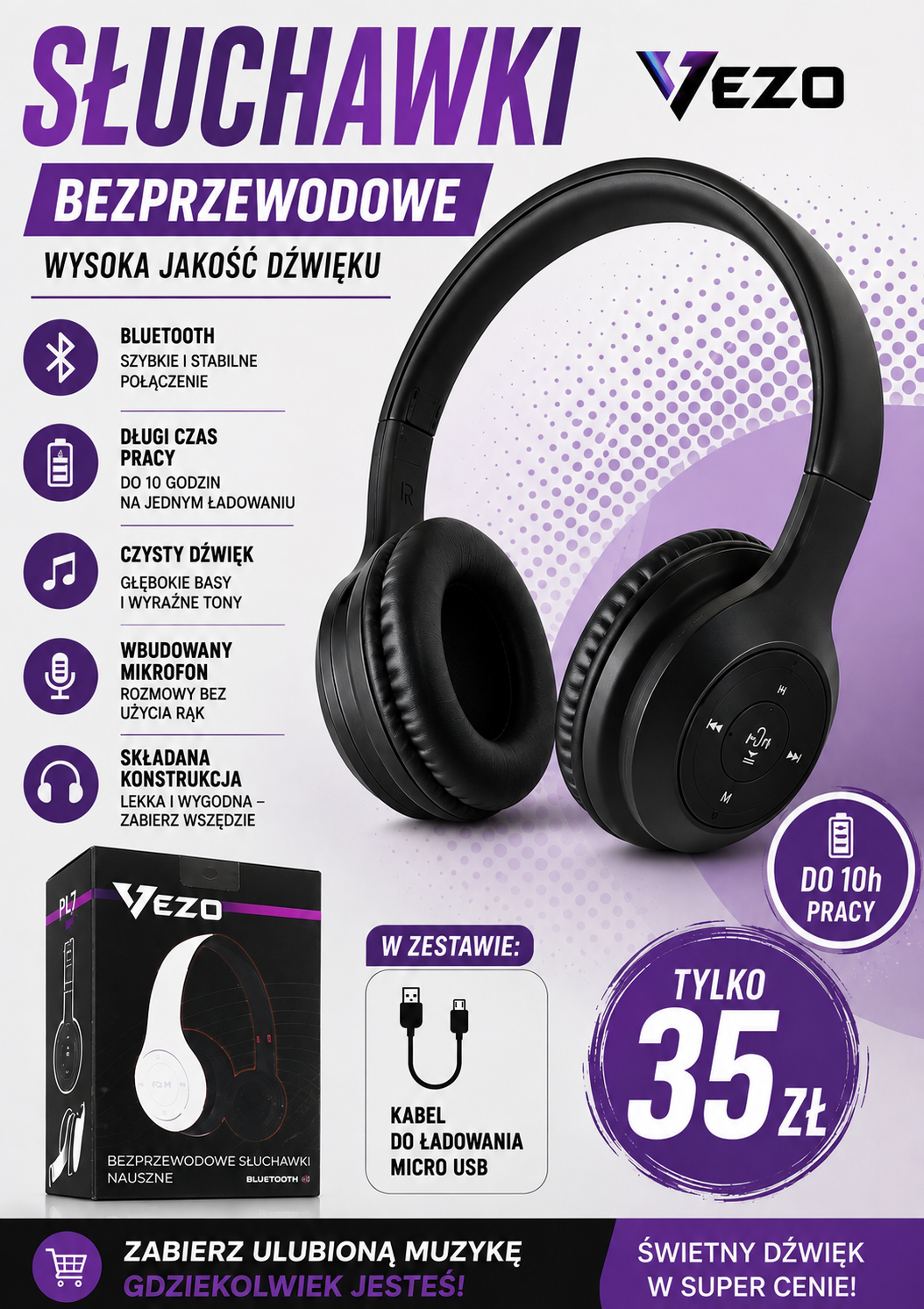 VEZO Słuchawki Bezprzewodowe Bluetooth – czarne słuchawki nauszne z mikrofonem