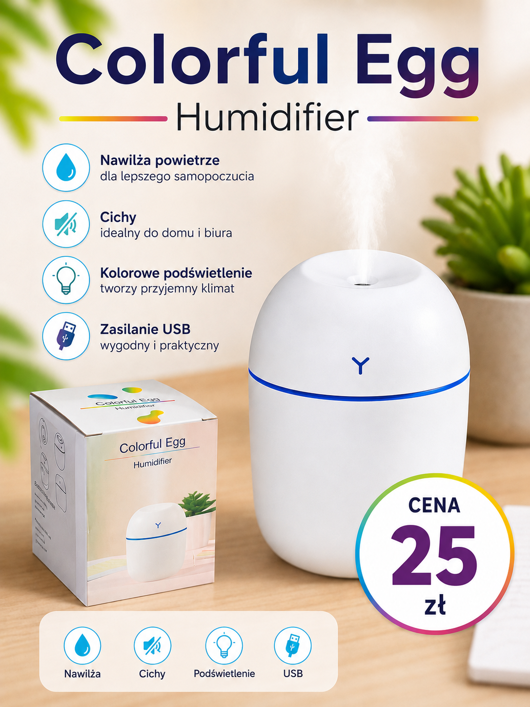Colorful Egg Humidifier – nawilżacz powietrza USB z kolorowym podświetleniem LED