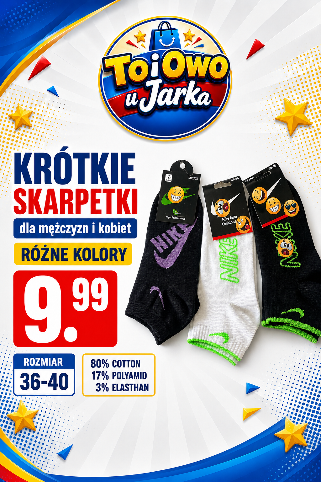 Krótkie skarpetki dla mężczyzn i kobiet w różnych kolorach