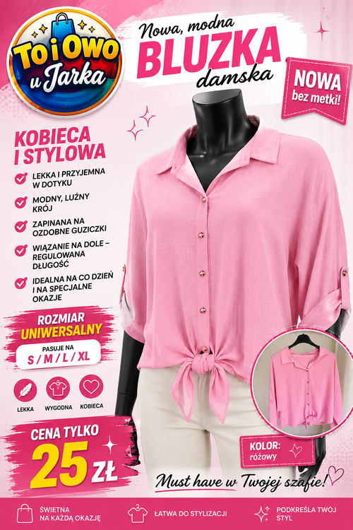 Bluzka damska różowa modna luźny krój rozmiar S-XL