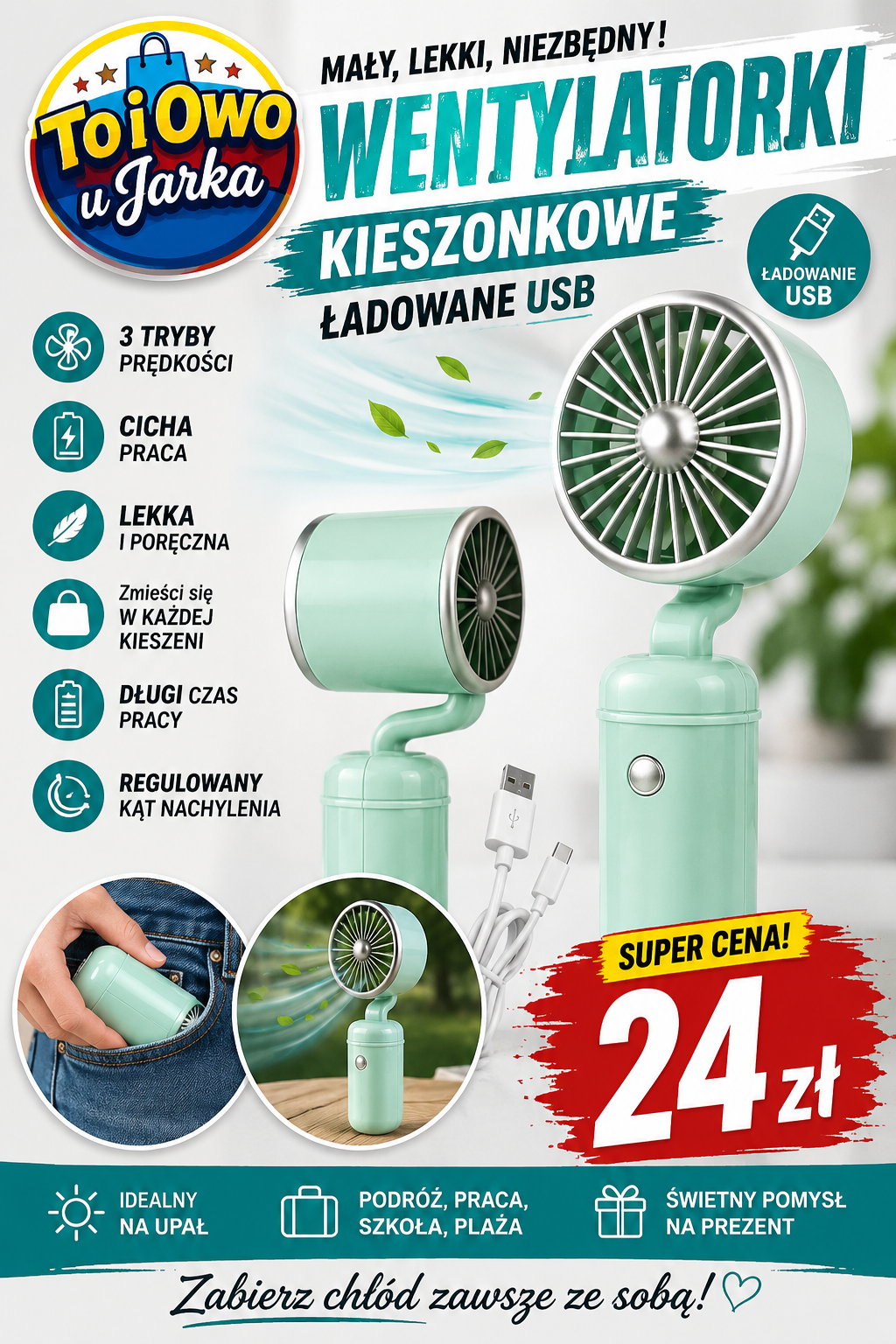 Wentylator kieszonkowy ładowany USB 3 tryby prędkości