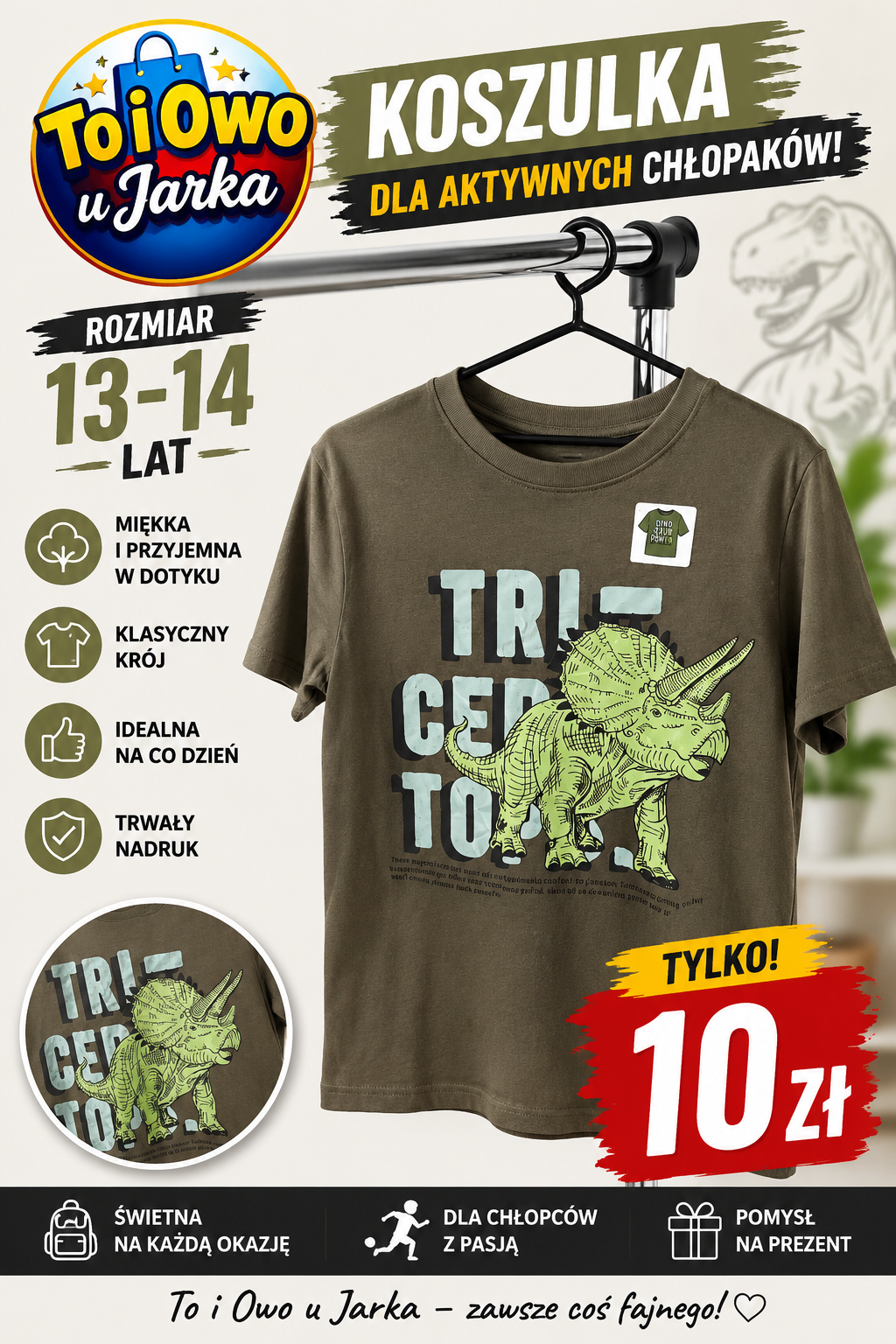 Koszulka chłopięca Triceratops khaki rozmiar 13-14 lat