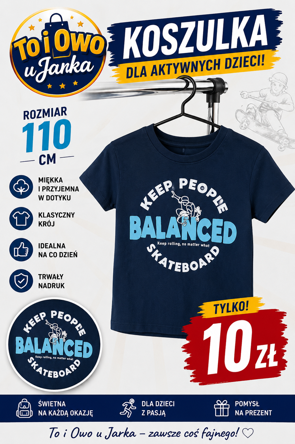 Koszulka dziecięca Balanced Skateboard granatowa rozmiar 110 cm