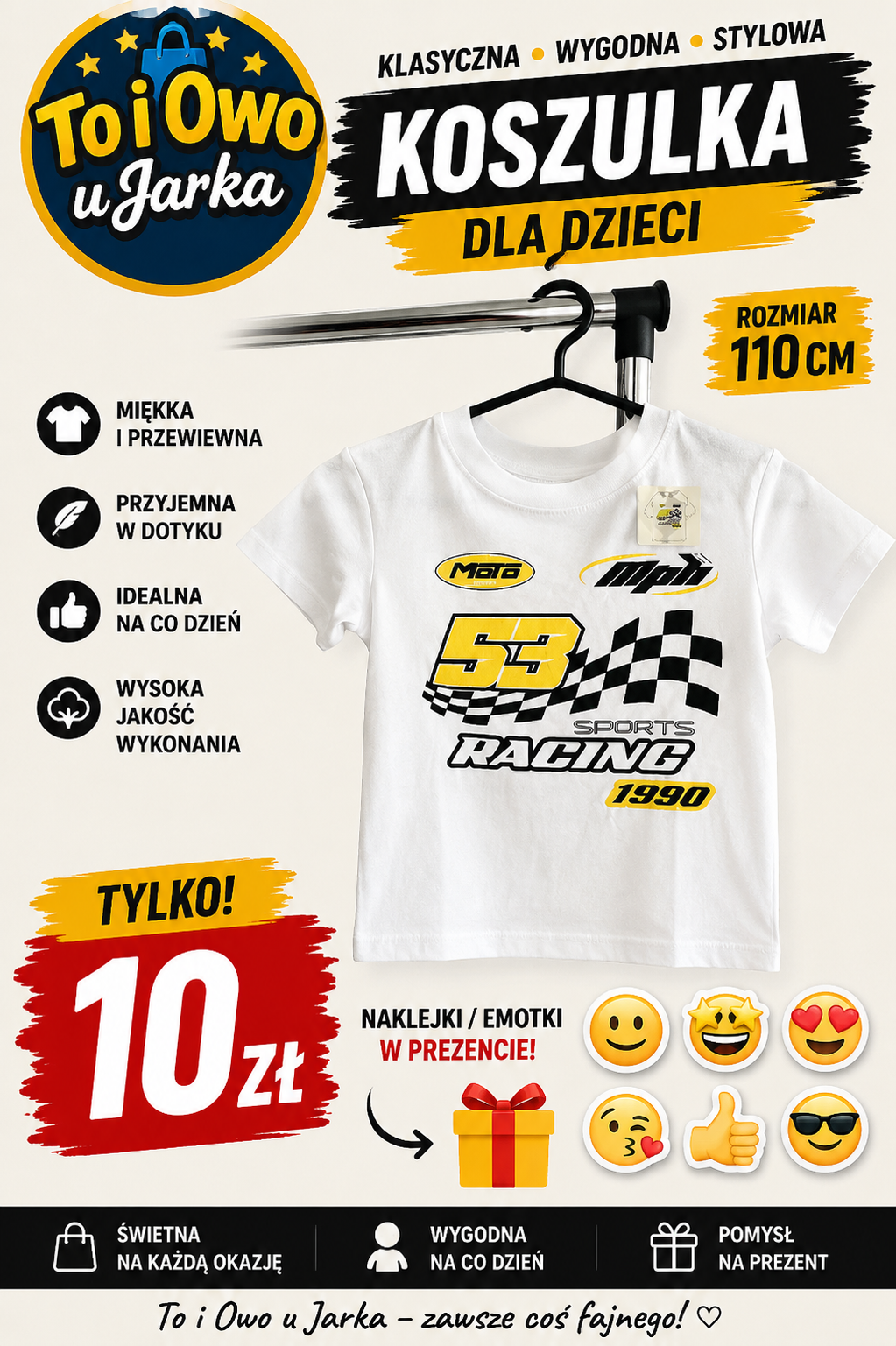 Koszulka dziecięca Racing 53 Sports biała rozmiar 110 cm