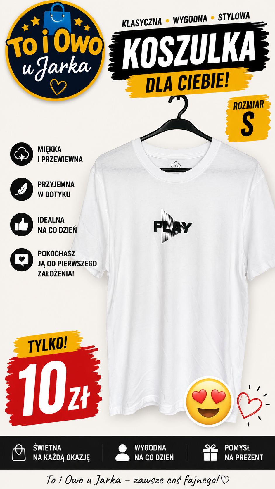 Koszulka unisex PLAY biała rozmiar S