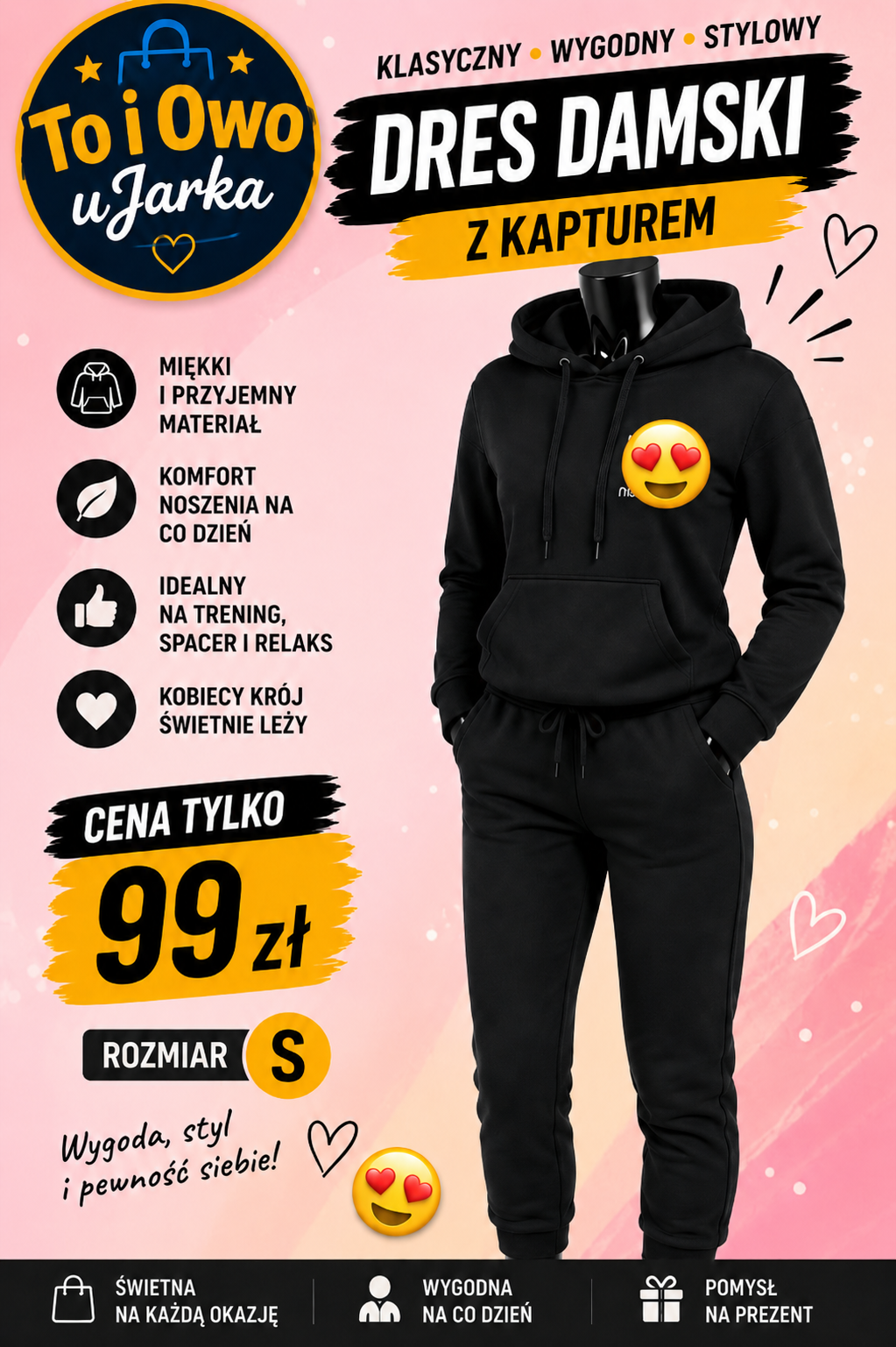 Dres damski z kapturem czarny rozmiar S