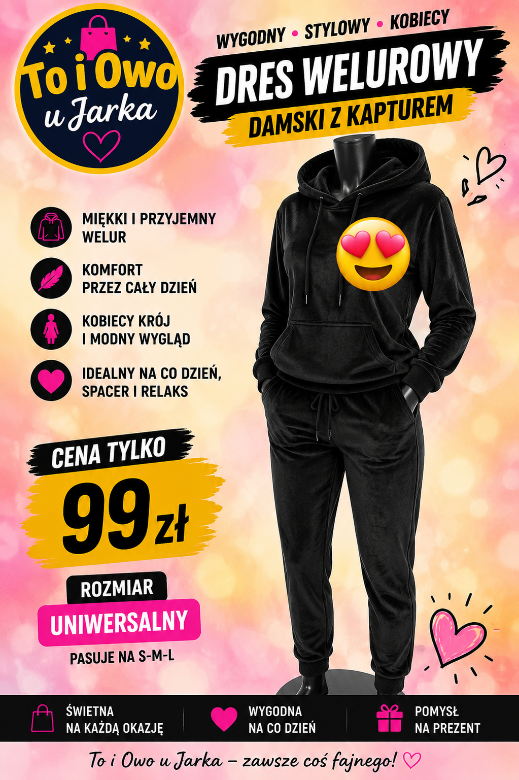 Dres welurowy damski z kapturem czarny rozmiar uniwersalny S-M-L