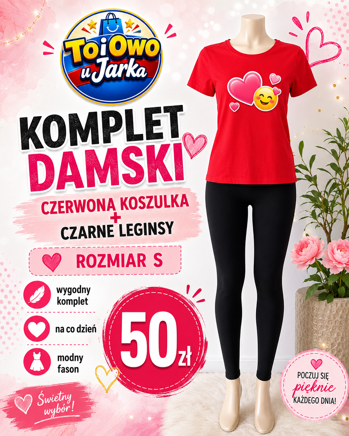 Komplet damski czerwona koszulka i czarne leginsy rozmiar S
