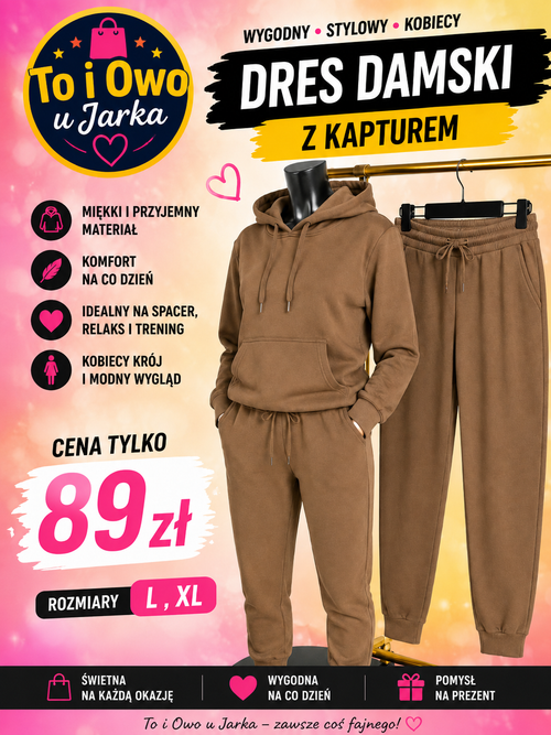 Dres damski z kapturem beżowy rozmiary L XL