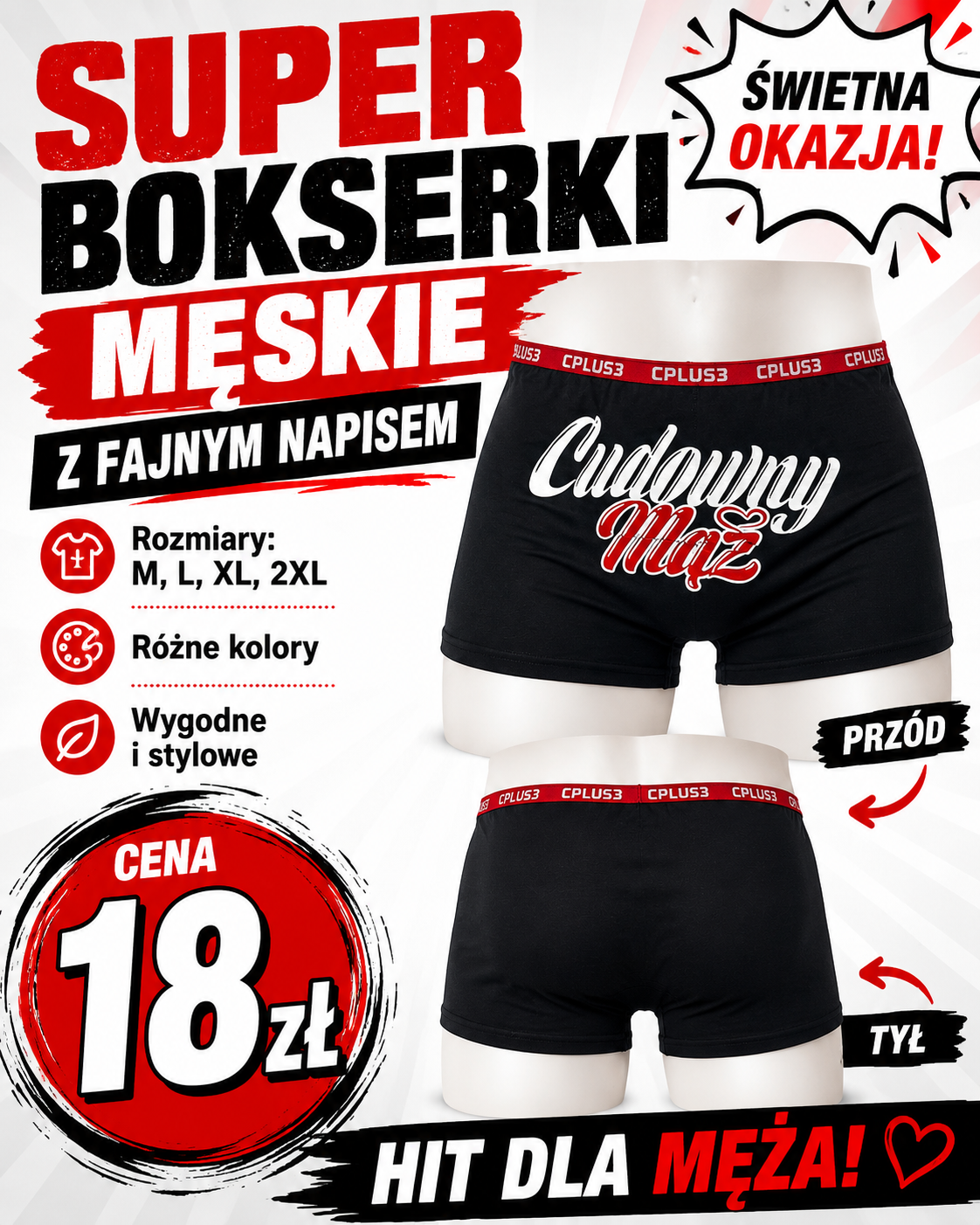 Bokserki męskie Cudowny Mąż CPLUS3 czarne rozmiary M-2XL
