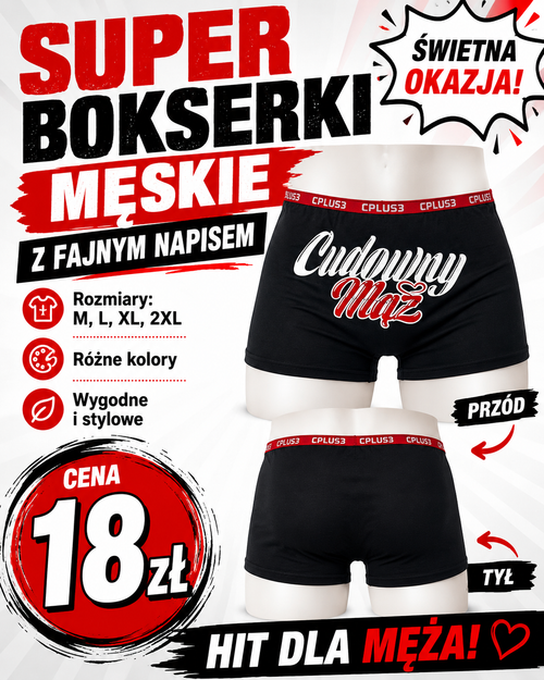 Bokserki męskie Cudowny Mąż CPLUS3 czarne rozmiary M-2XL