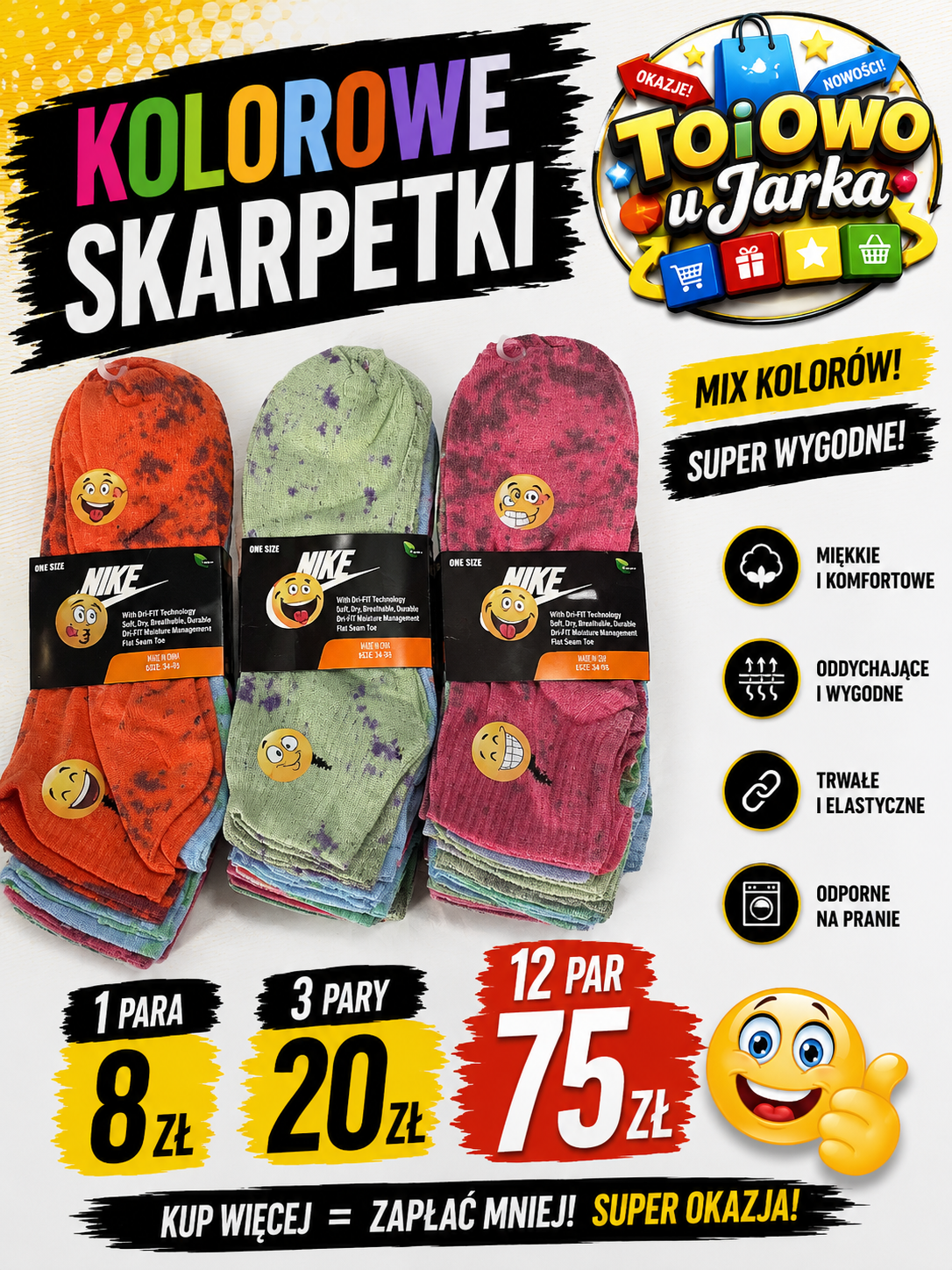 Kolorowe skarpetki Nike Dri-Fit mix kolorów tie-dye rozmiar uniwersalny