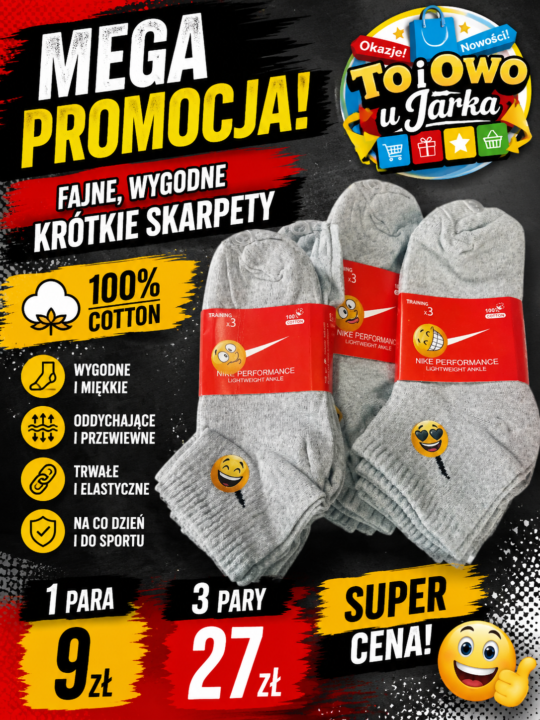 Szare krótkie skarpety Nike Performance Lightweight Ankle 100% Cotton